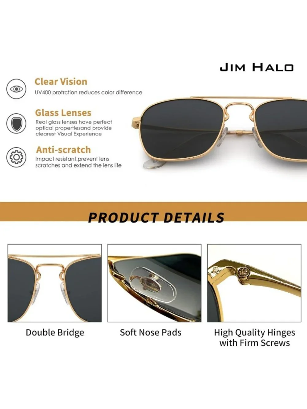 Retro Square Aviator Sunglasses for Men & Women | Premium Glass Lens, UV